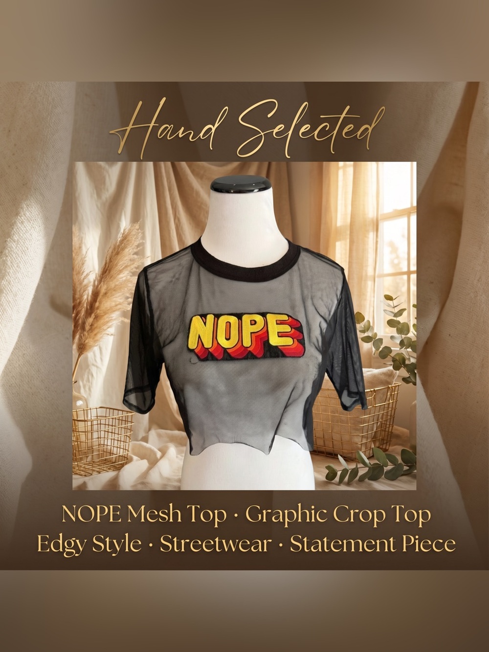 One Love Clothing NOPE Sheer Mesh Crop Tee Black Embroidered Patch Y2K Alt S